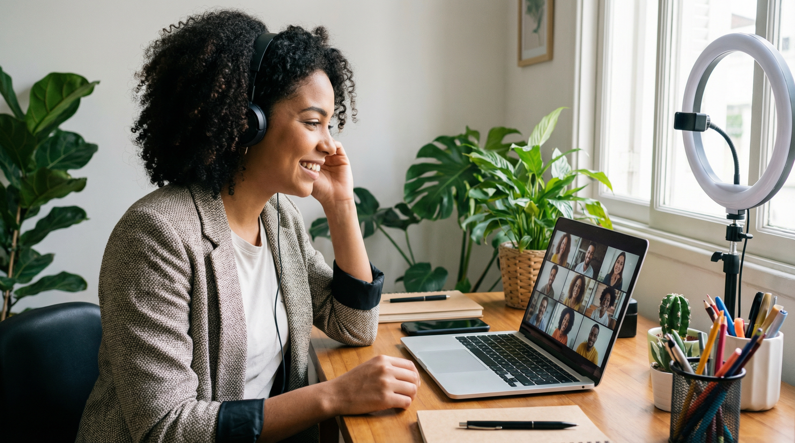 Mulher brasileira se preparando para entrevista de emprego remoto